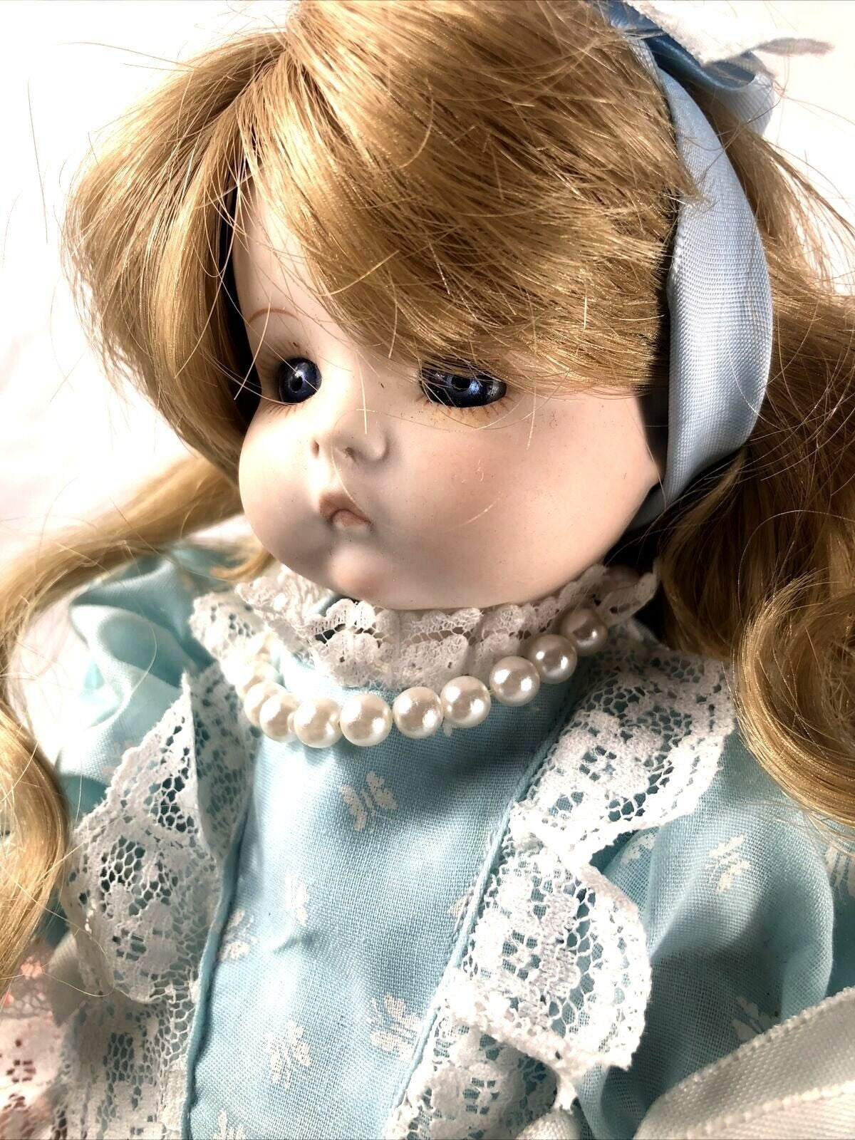 Vintage Porcelain Doll With Blue Dress & Pearls