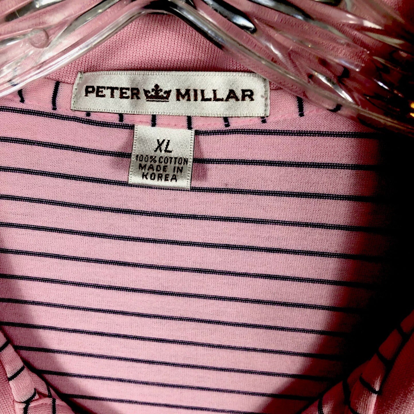 Peter Millar Men's Polo Golf Shirt Pink Stripped Extra-Large River Hills Logo