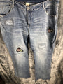 Vintage Distressed Womans Jeans Blue Denim With Floral Patchwork