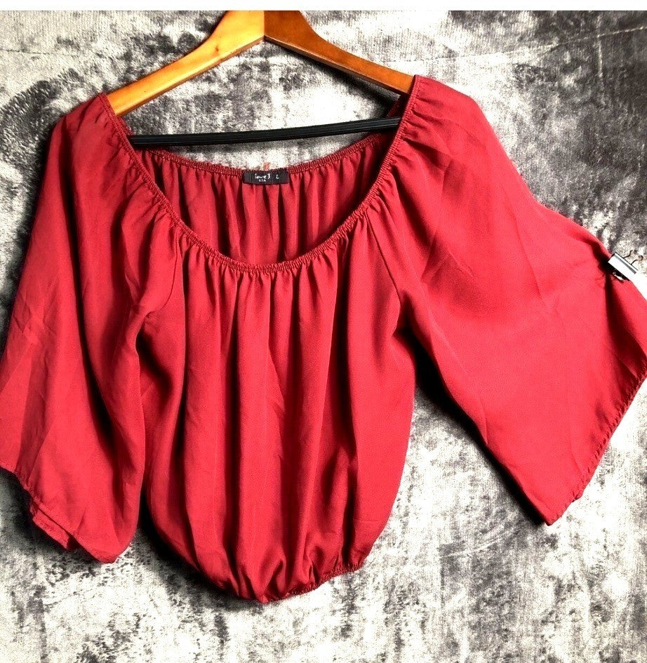 Vintage Urban Outfitters Burgundy Off-The-Shoulder Blouse Billowy Sleeves Elasti
