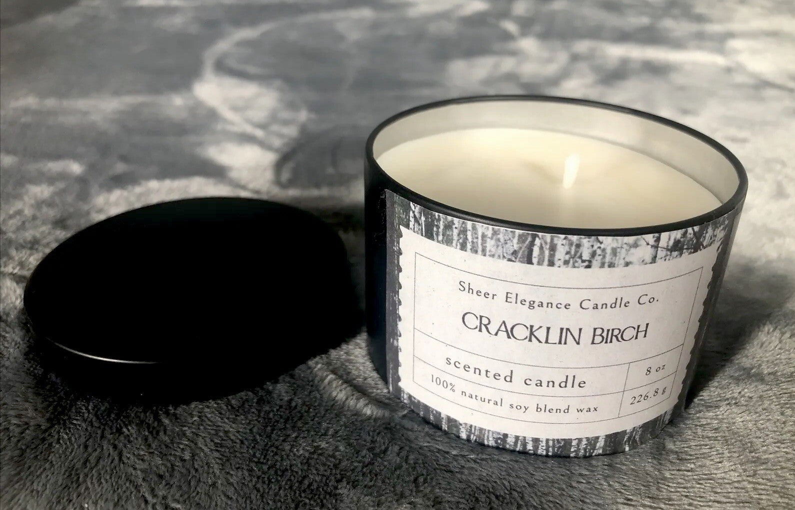Candle Cracklin Burch Scented 8 Ounce Tin Hand Poured Coconut Soy Blend
