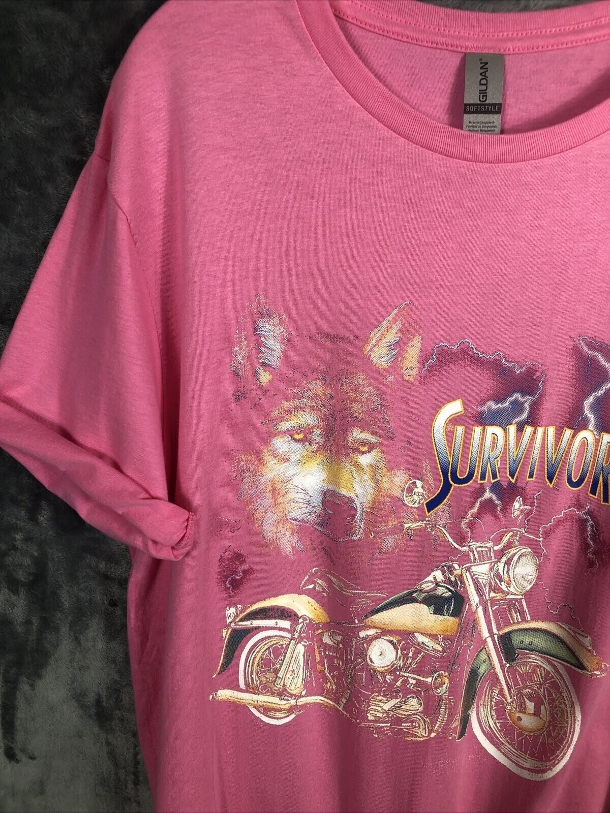 Vintage Womans T Shirt Survivors Pink Graphic Tee With Wolf & Motorcycle Design