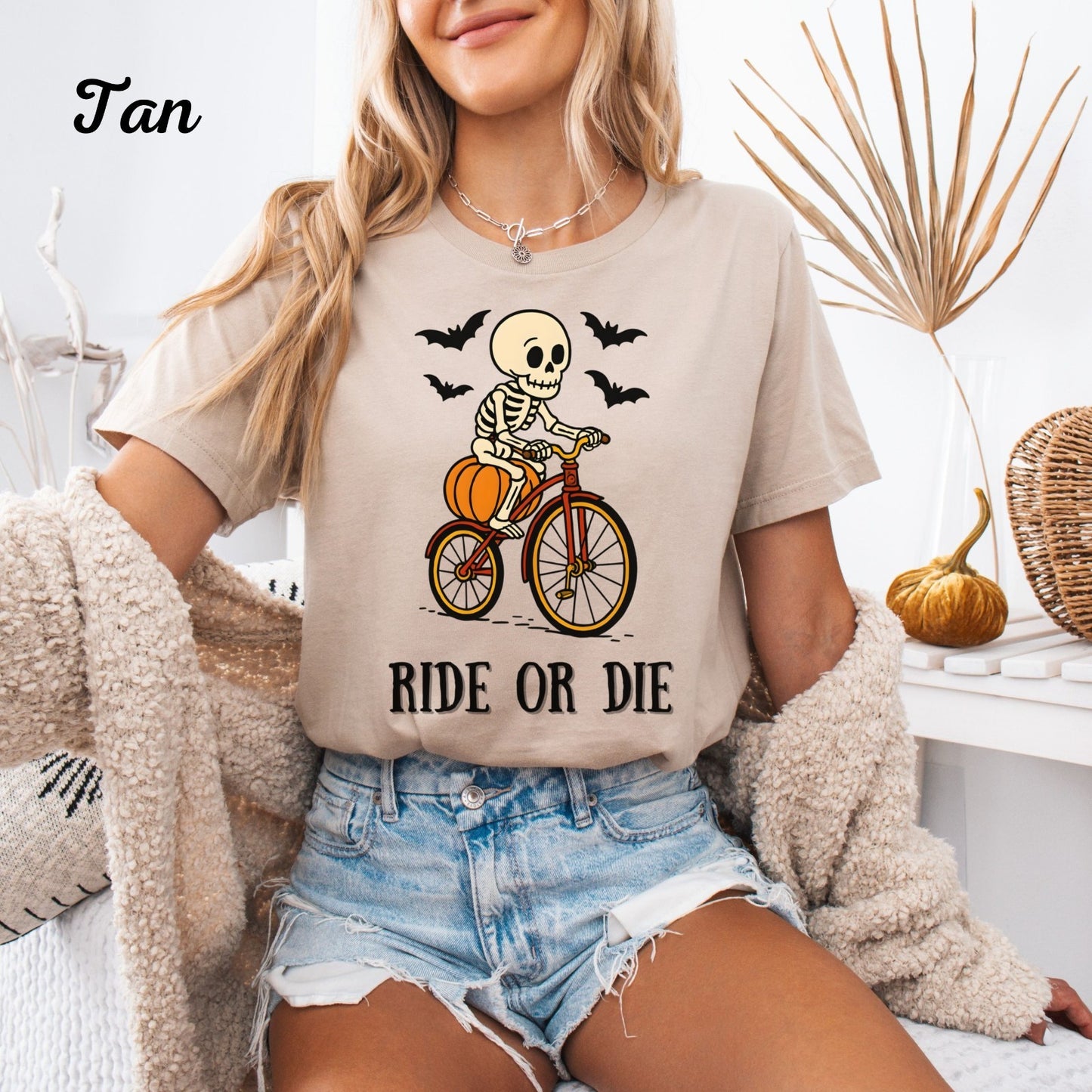 Womans Halloween T Shirt Ride Or Die Shirt  Skeleton on a Bike  Funny Tee
