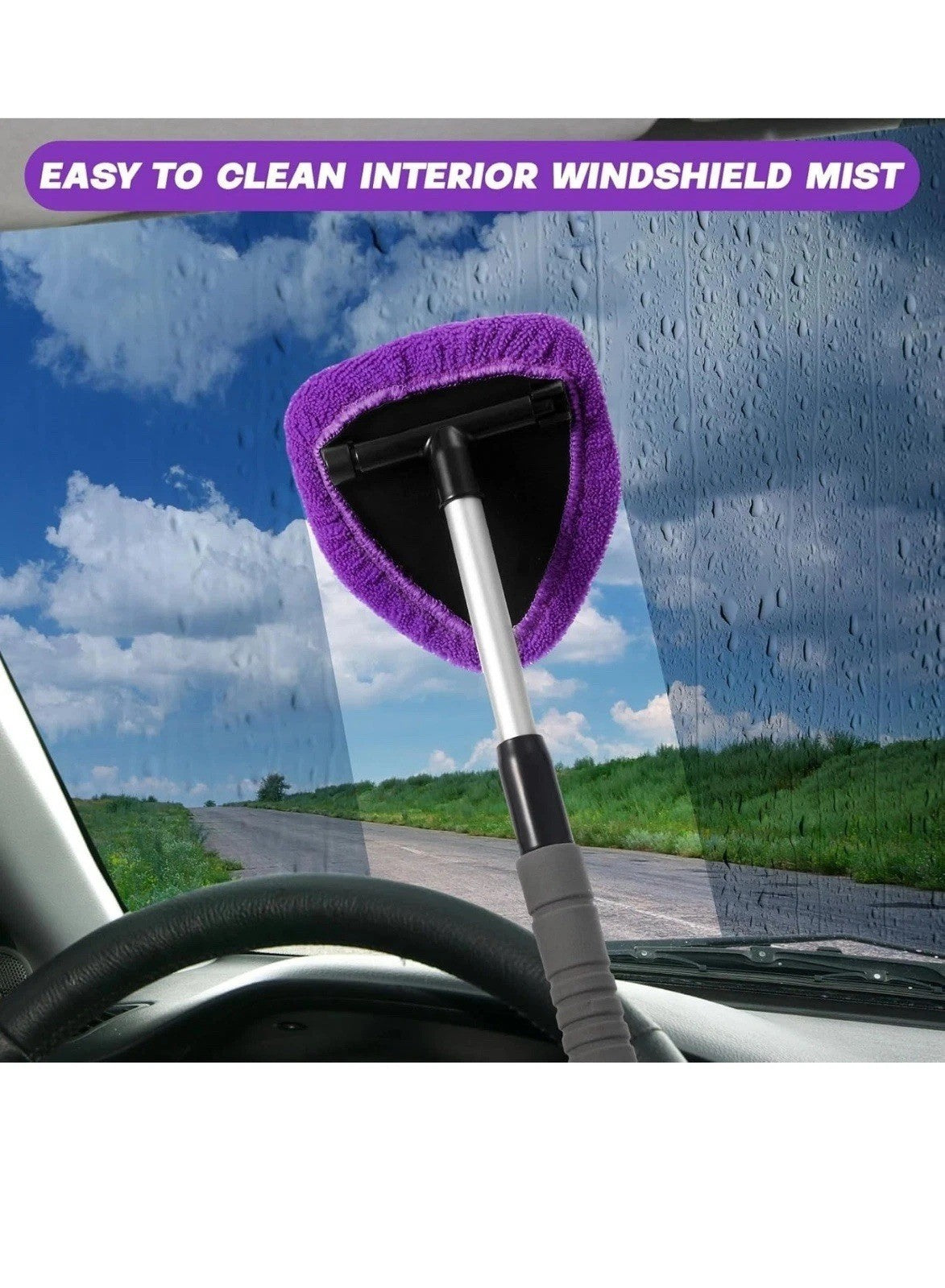 Windshield Cleaning Tool With Extendable Handle & Reusable Microfiber Pads
