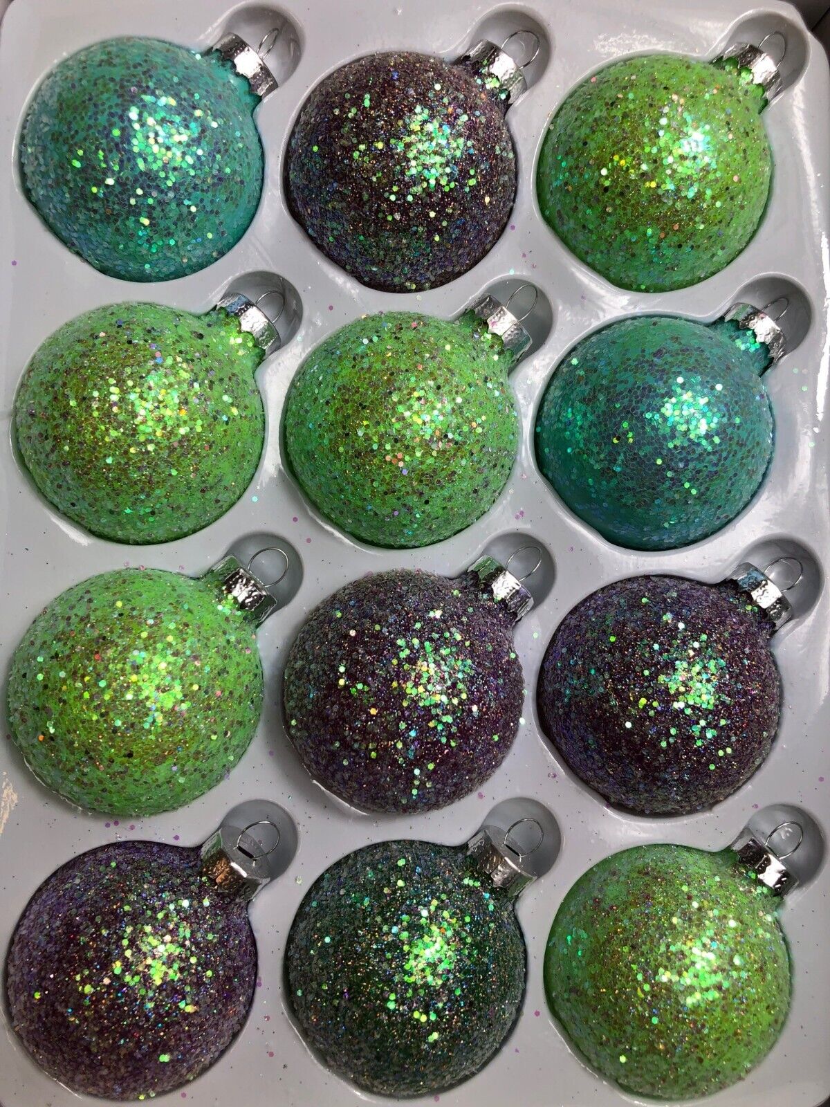 Richland Glass Christmas Ornaments Set Of 12 - 2" Glitter Green & Purple Baubles