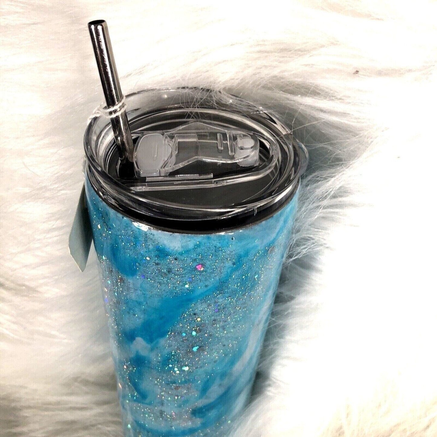 Blue/Silver Swirl Design Tumbler Stainless Steel Handmade Alcohol Ink Cup