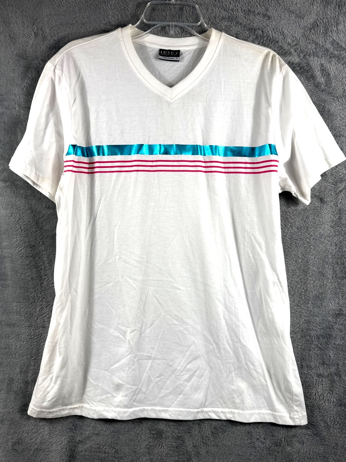 White Luxe-T Mens V-Neck T-Shirt With Blue & Pink Stripe Design Size L Cotton