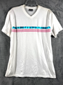 White Luxe-T Mens V-Neck T-Shirt With Blue & Pink Stripe Design Size L Cotton