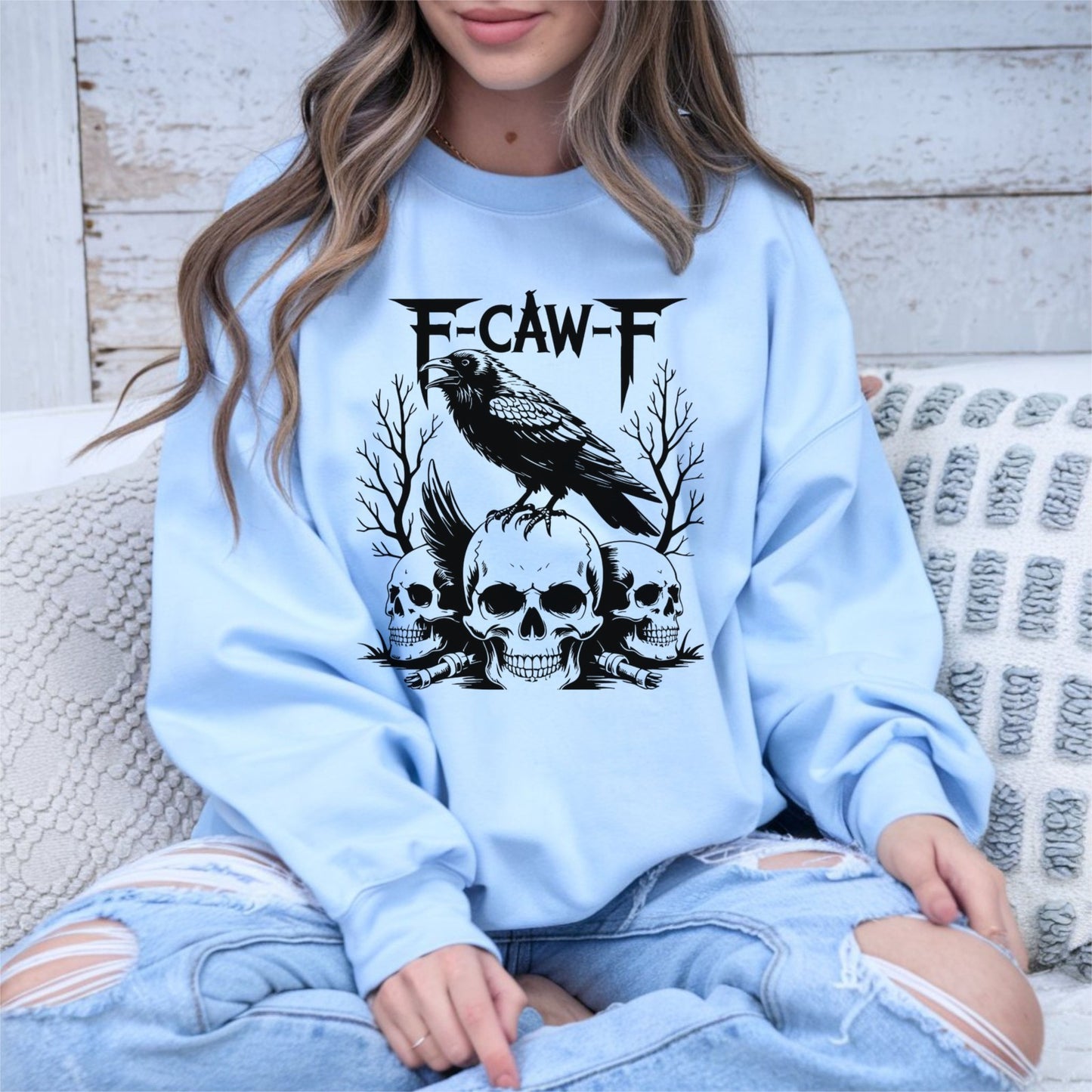 F-CAW-F Raven Skull Sweatshirt Gothic Crow Skull Tee Metal Style Halloween Gift