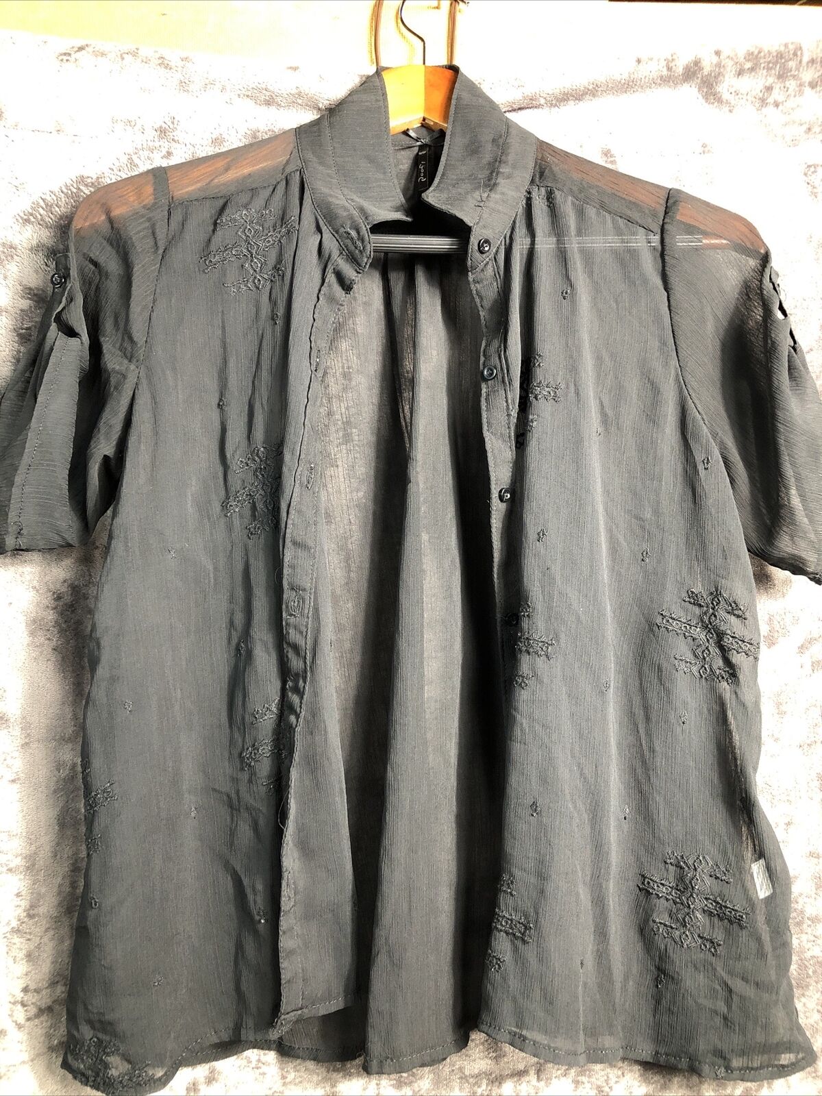 Poof Blouse  Black Sheer Geometric Stitch Women’s Size M