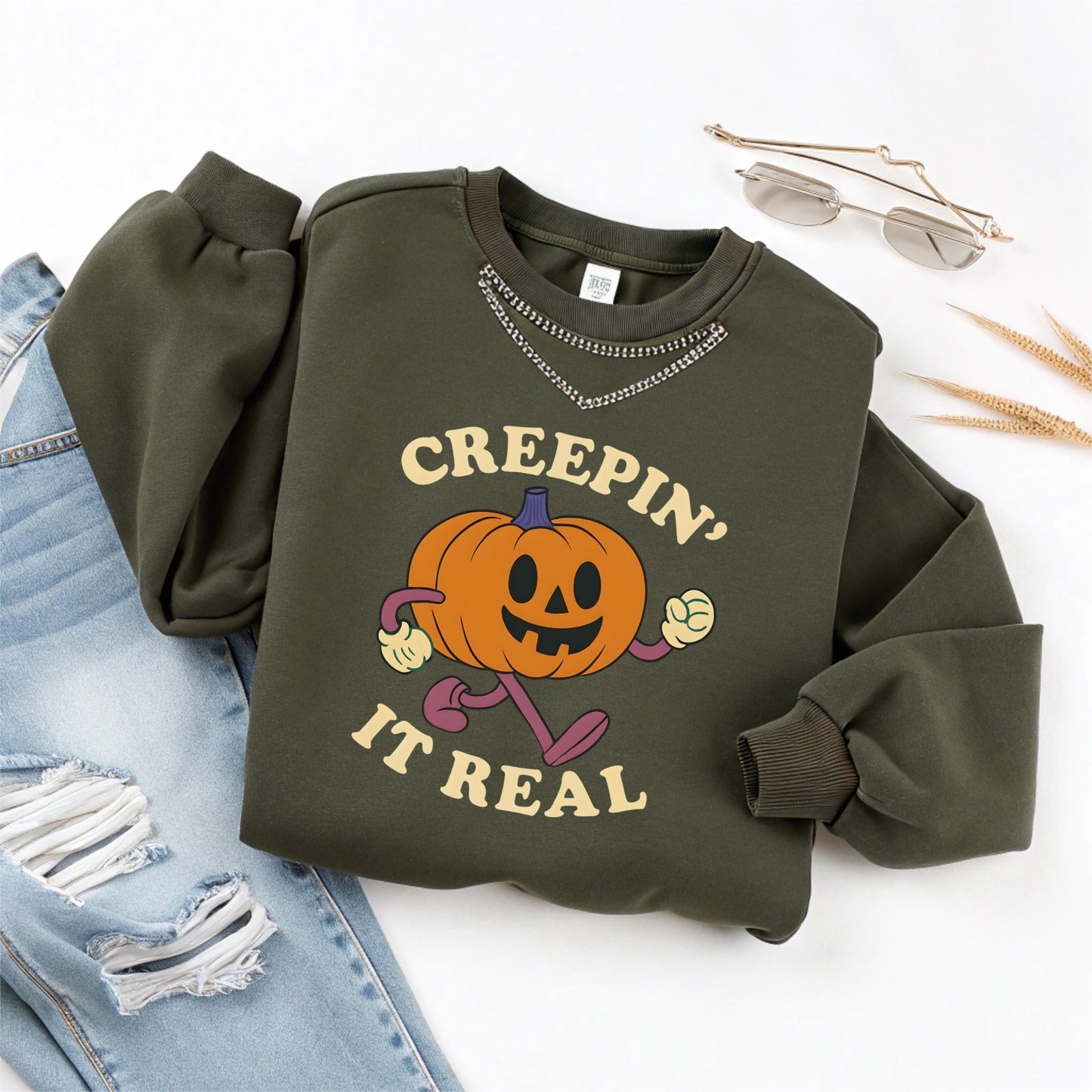 Womans Sweatshirt  Fun Creeping It Real Halloween Top Funny Ghost Pullover Shirt