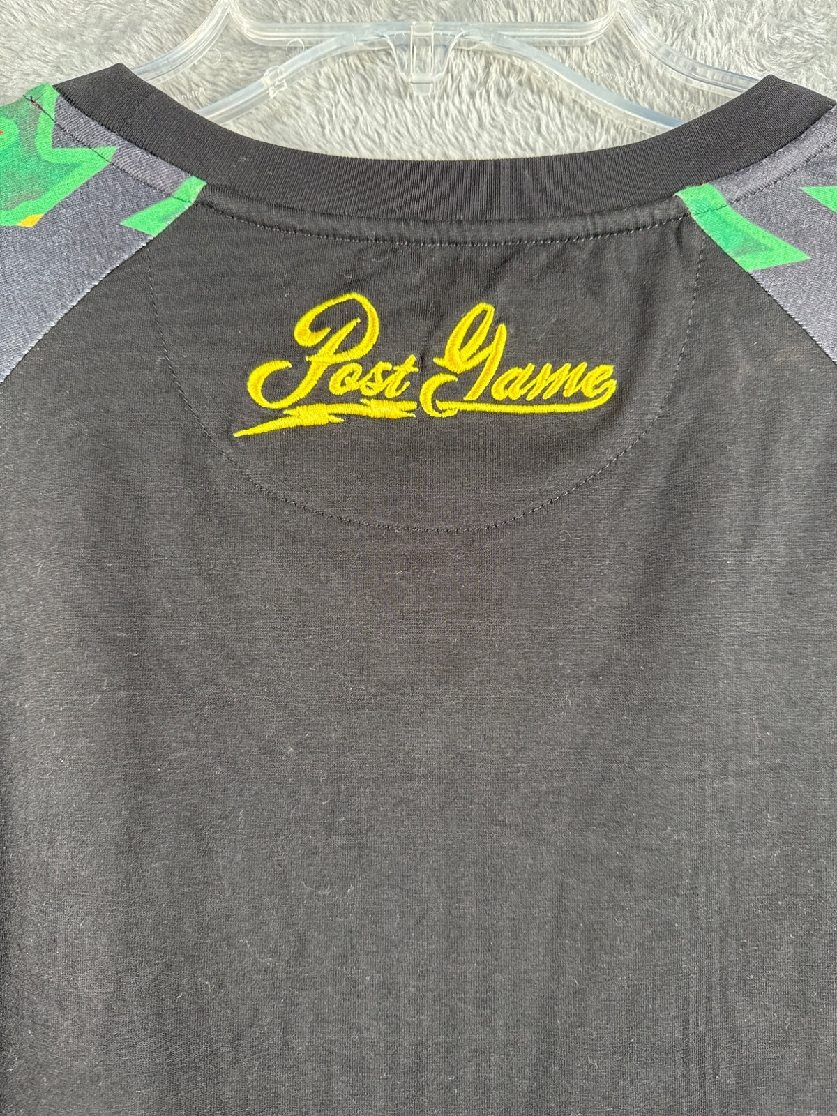 Post Game XL Black Shirt With Multicolor Geometric Sleeves & Logo