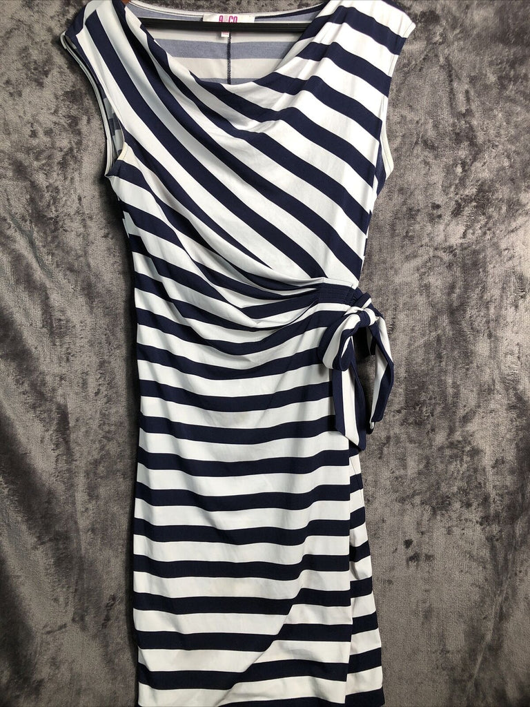 9&Co. Dress Navy Blue Stripe Bow Tie On Side Women’s Size 10