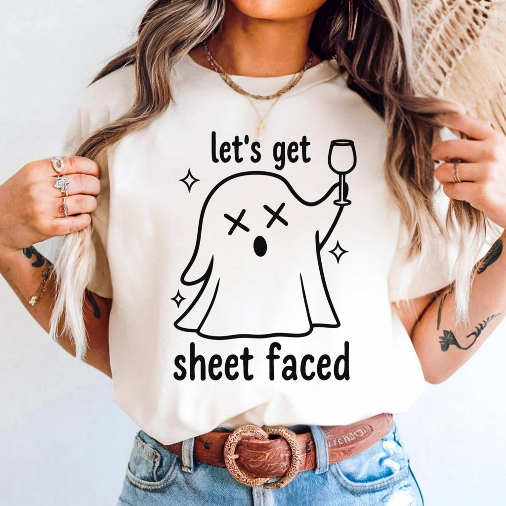 Womans Halloween Shirt Lets Get Sheet Faced Tee  Boo Crew Party Ghost Vibes Top
