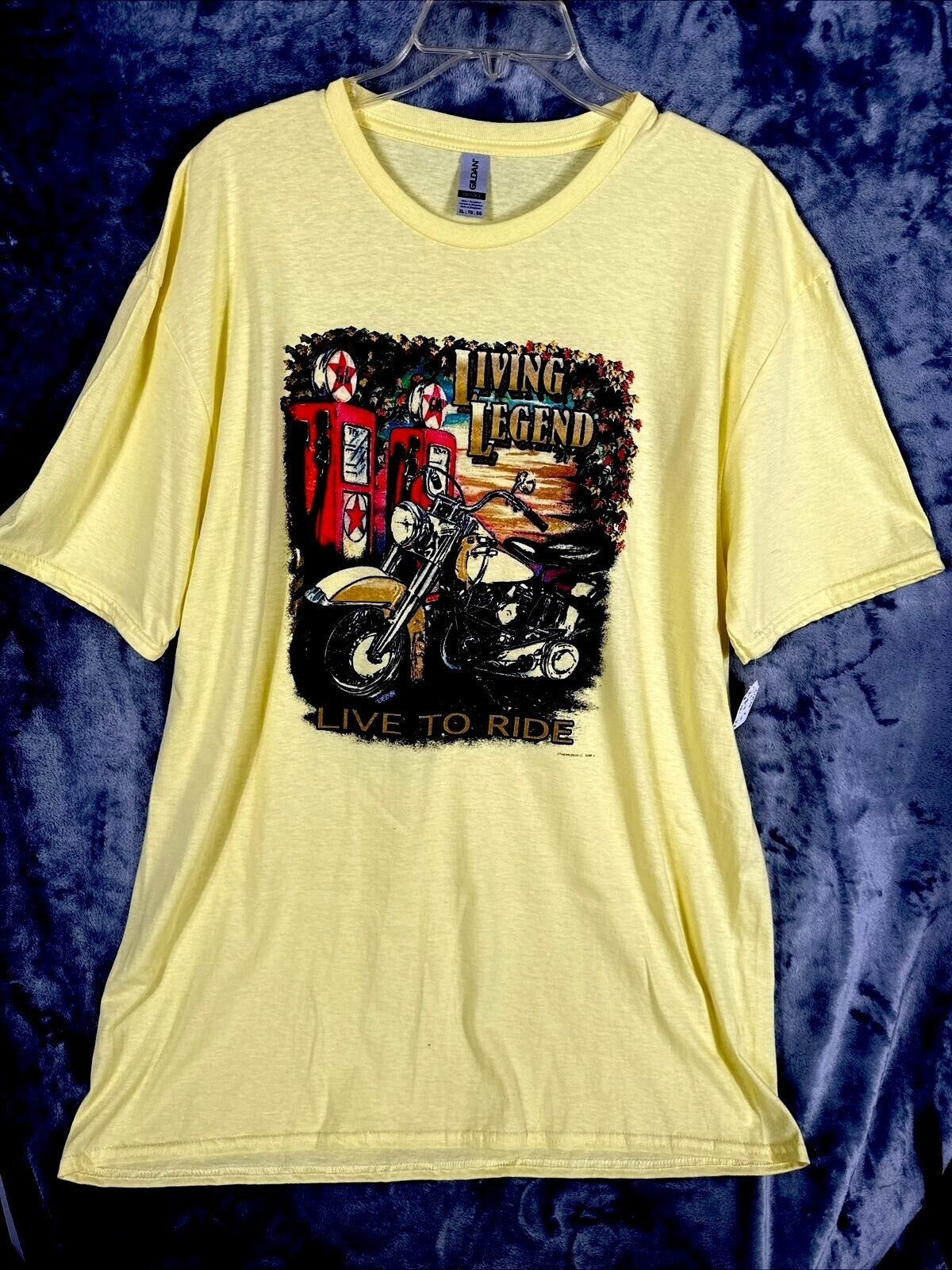 Gildan Unisex Biker T Shirt Living Legend Motorcycle Graphic Shirt XL Yellow Top