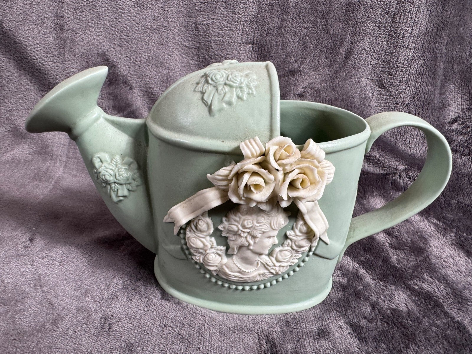 Vintage Ceramic Watering Can With Floral Embellishments & Cherub Design