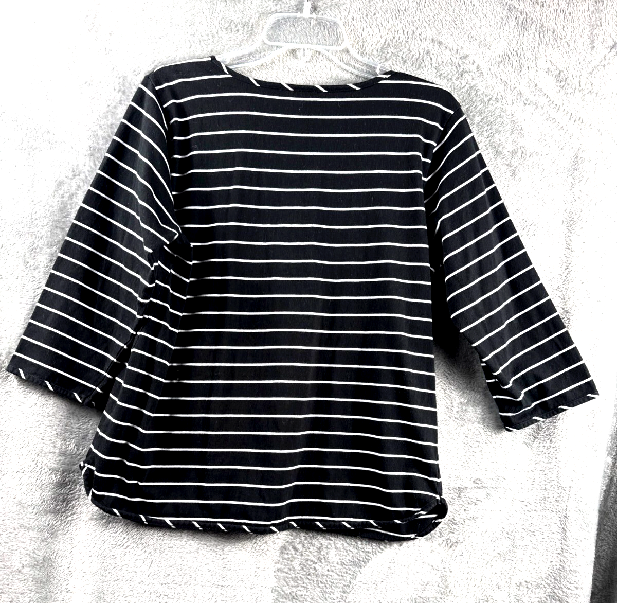 Bob Mackie Wearable Art Black & White Striped 3/4 Sleeve Top With Floral Embroid