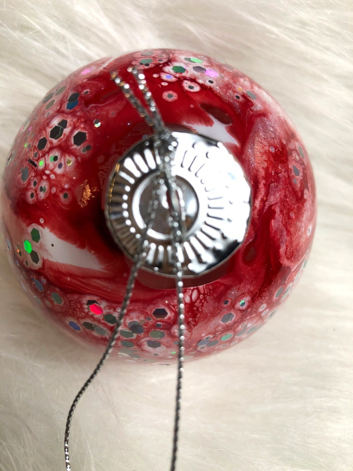 Hand-Painted Red & Silver Holiday Ornament With Glitter Accents For Christmas Tr