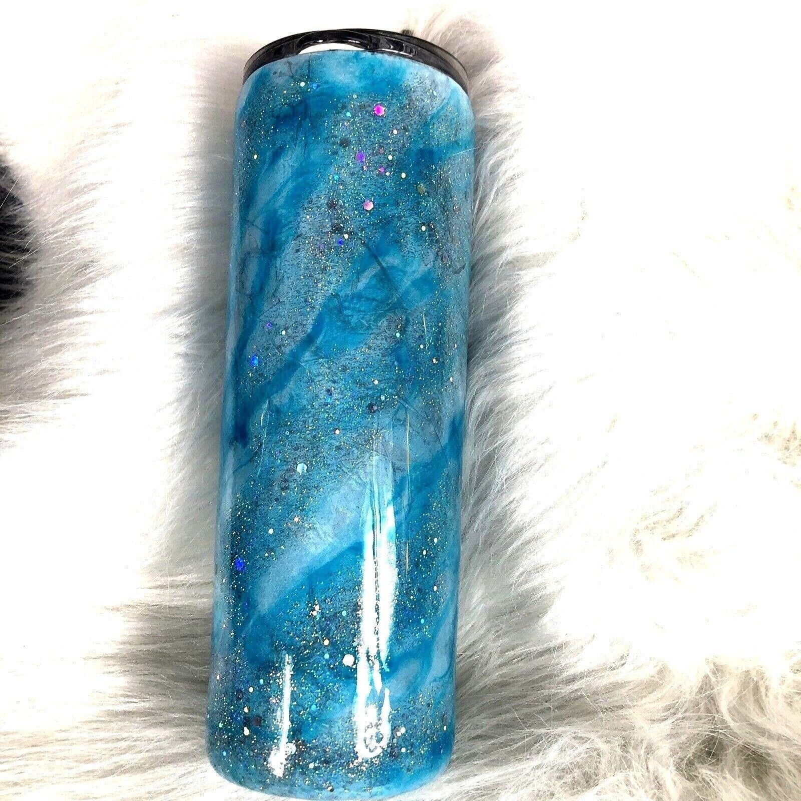 Blue/Silver Swirl Design Tumbler Stainless Steel Handmade Alcohol Ink Cup