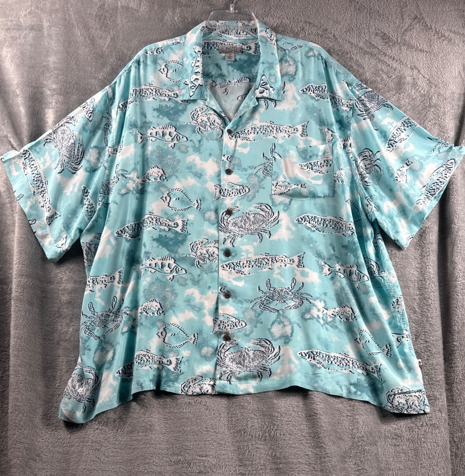 Vintage Button-Up Hawaiian Shirt Crab & Fish Print Short Sleeves Beach Theme