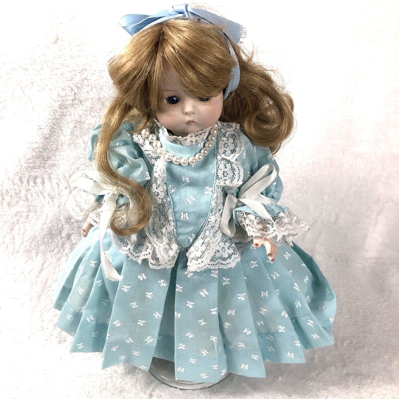 Vintage Porcelain Doll With Blue Dress & Pearls