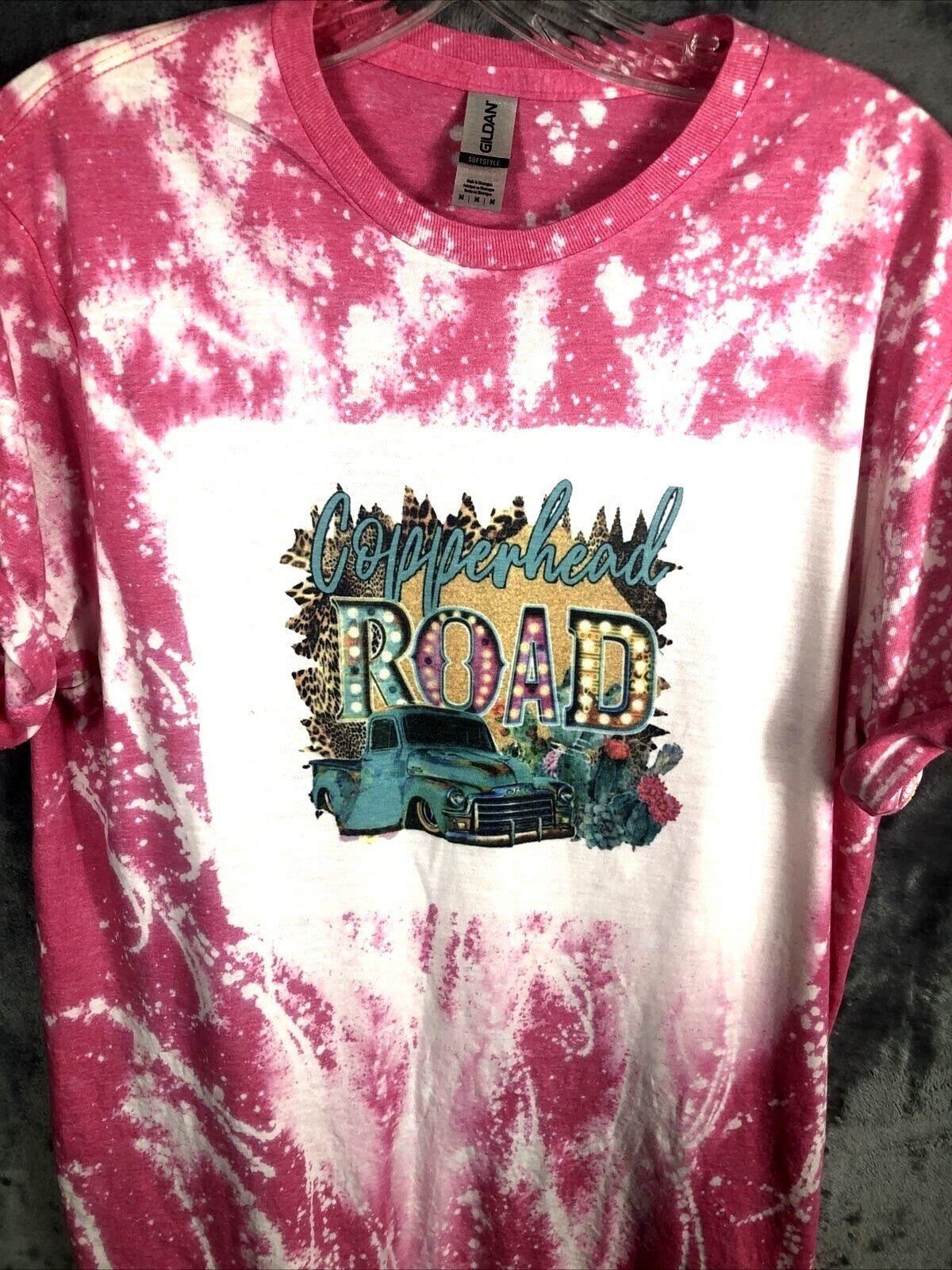 Gildan Womans T Shirt Copperhead Road Pink Tie-Dye Graphic Shirt