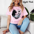 Womans Shirt Mystical Cat Celestial Moon Stars Witchy Vintage Wild Flowers Top 