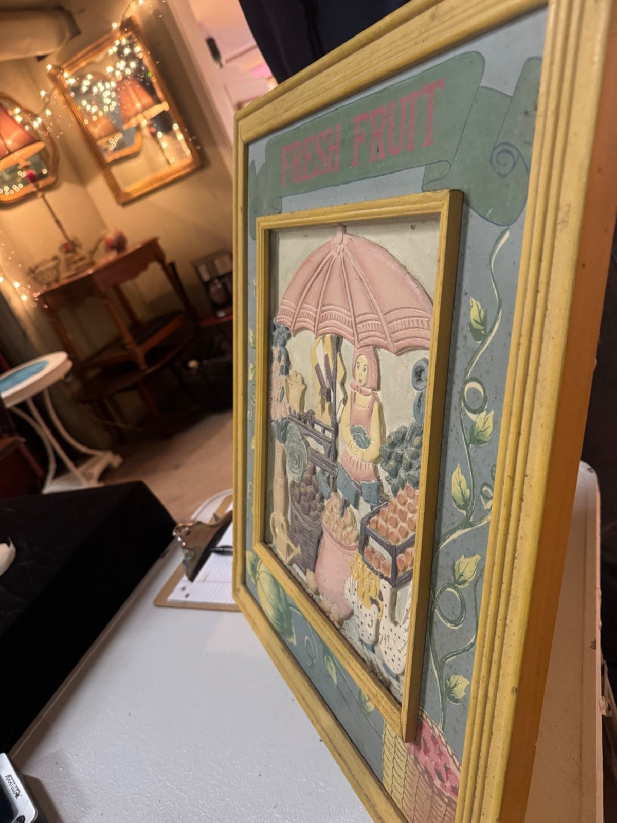 Vintage Fresh Fruit 3D Wall Art With Yellow Frame Farmer Market Scene Hand-Paint