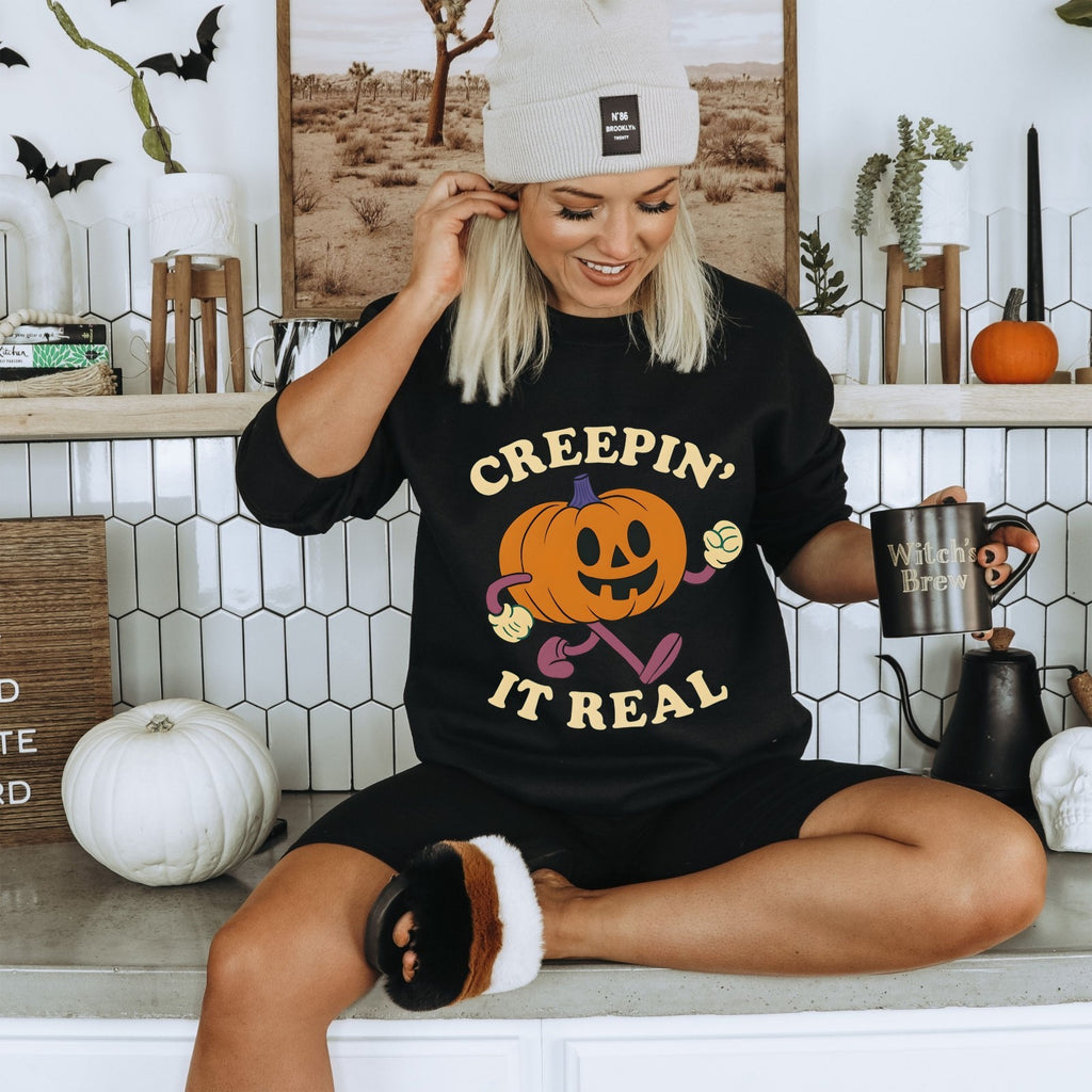 Womans Sweatshirt  Fun Creeping It Real Halloween Top Funny Ghost Pullover Shirt