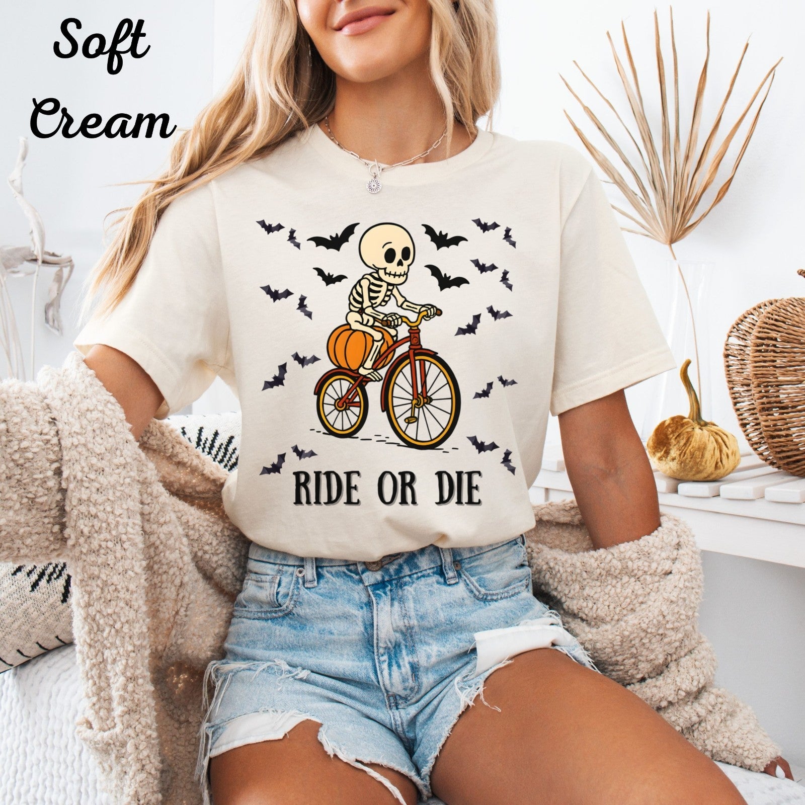 Womans Halloween T Shirt Bone to Ride Shirt  Skeleton on a Bike Skull Funny Tee