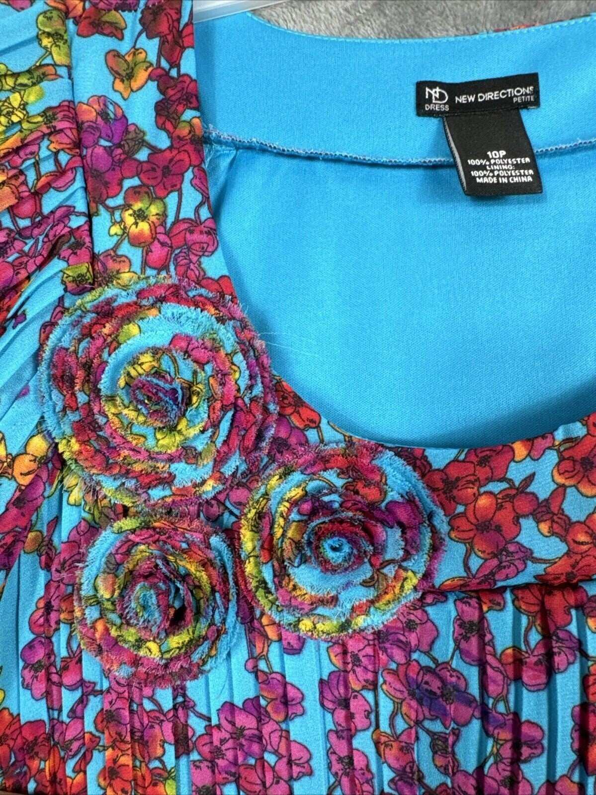 New Directions Dress Womens A Line Turquoise Blue Floral Pleated Short Sleeve