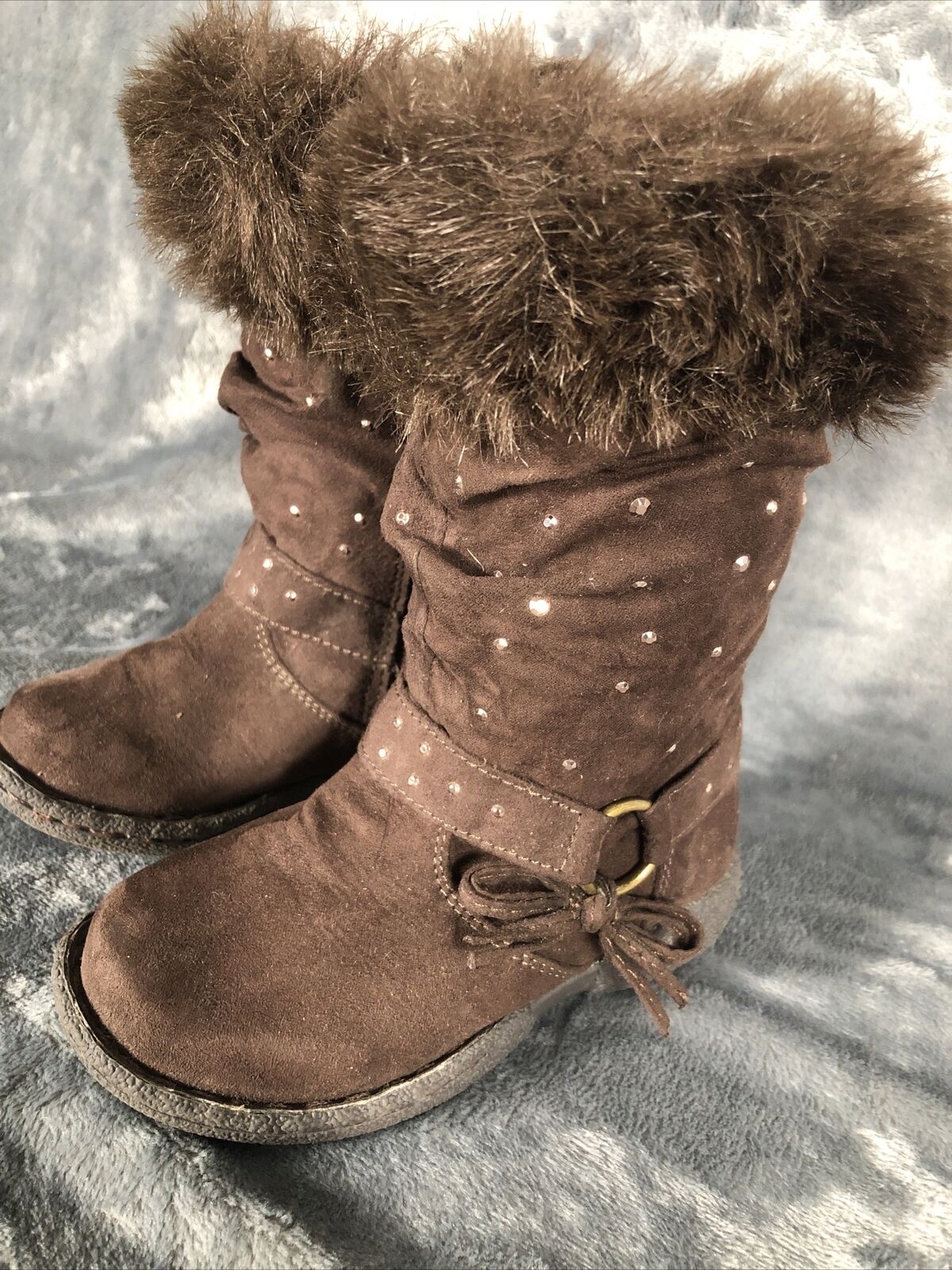 Girls Boots Brown Piper Bling Boots Faux Fur Tops Size 7