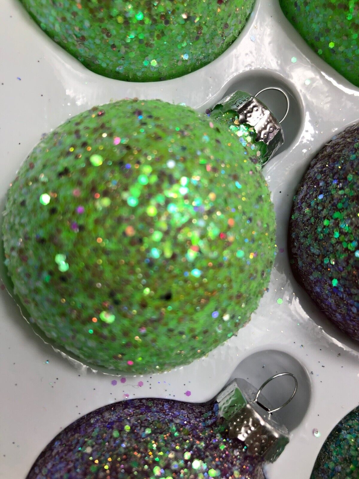 Richland Glass Christmas Ornaments Set Of 12 - 2" Glitter Green & Purple Baubles
