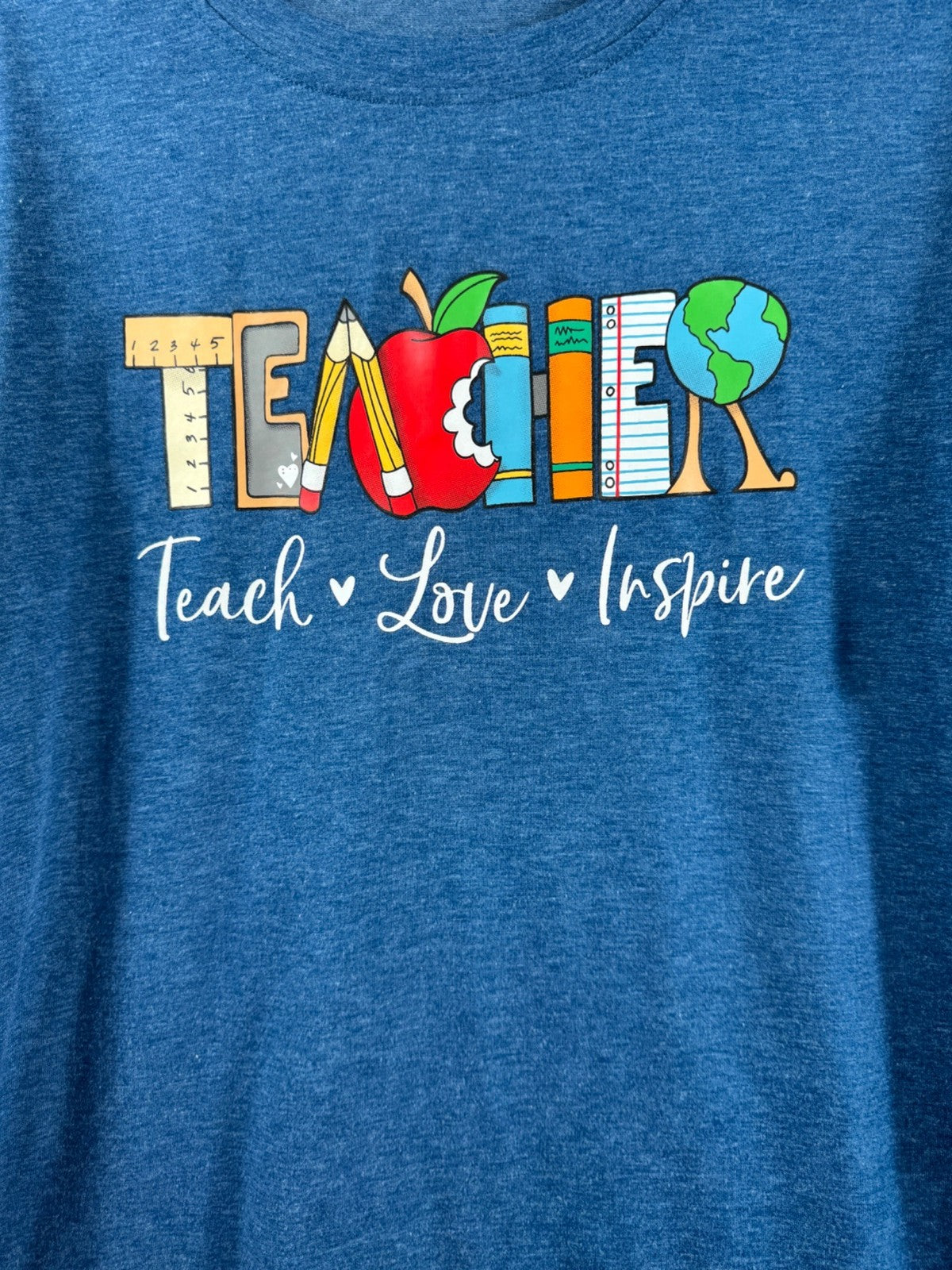 Teach Love Inspire" T-Shirt - Blue Teacher Graphic Tee (Used)