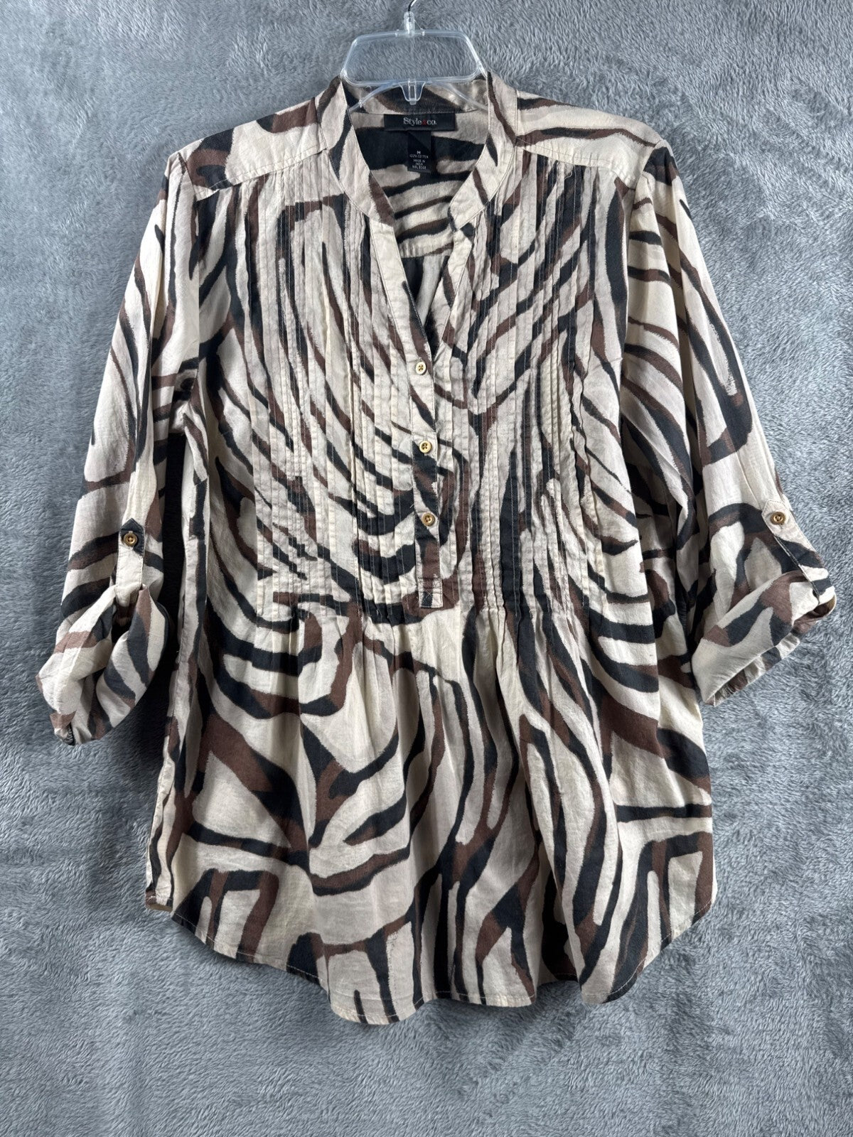 Style & Co Womens Shirt Zebra Print Button-Front Blouse M  Brown/Beige