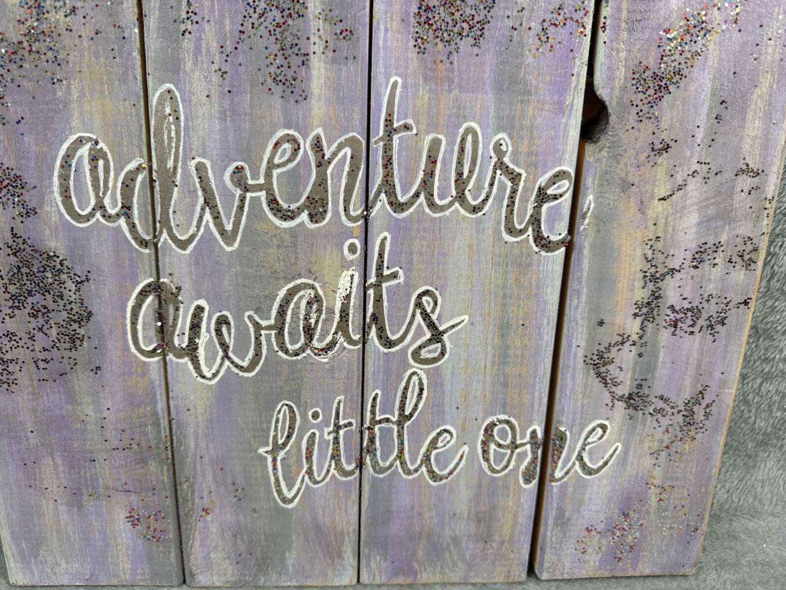 Rustic Wooden Wall Plaque Text Adventure Awaits Little One Purple With Glitter