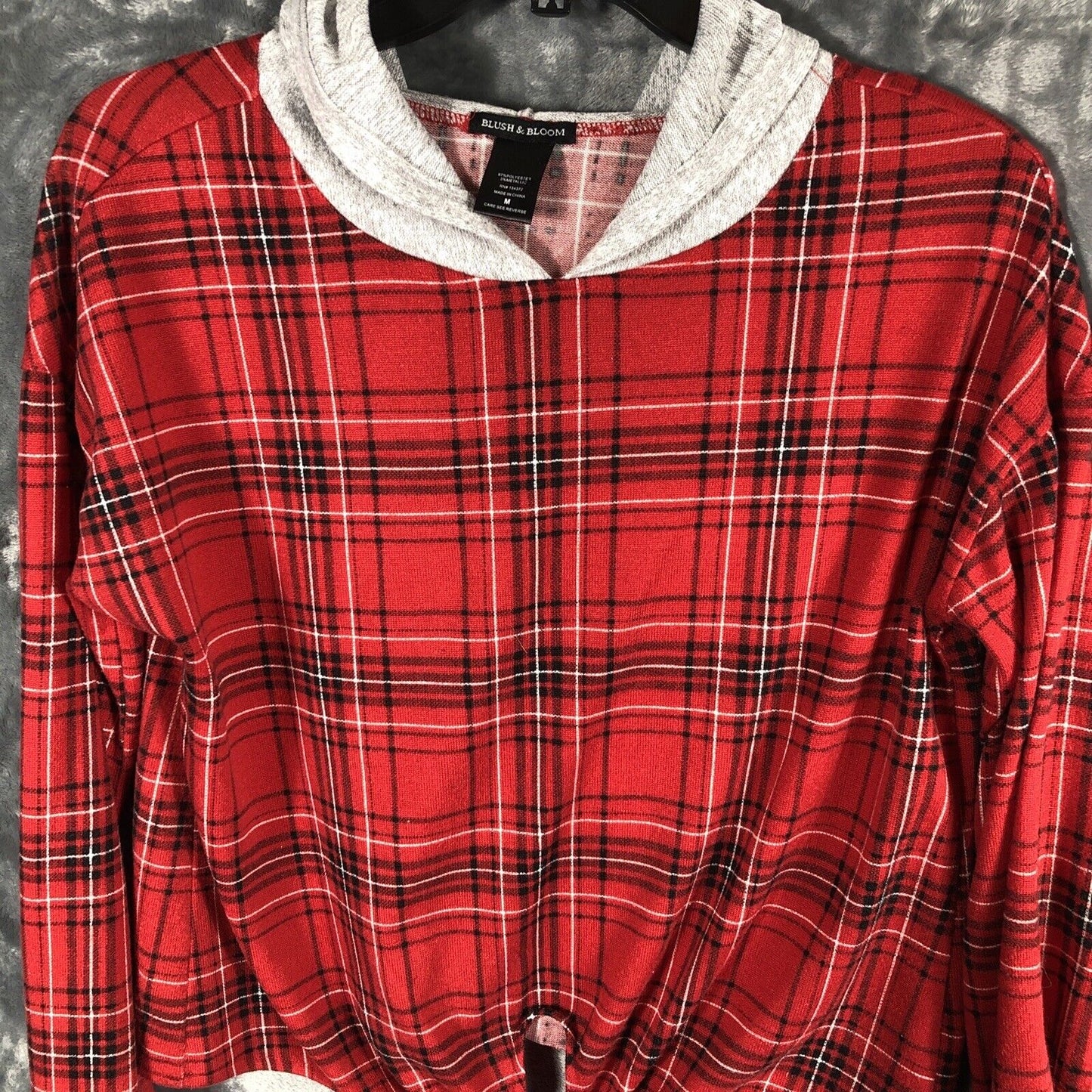 Blush In Bloom Women’s  Hoodie Red Plaid Front Tie Size Medium