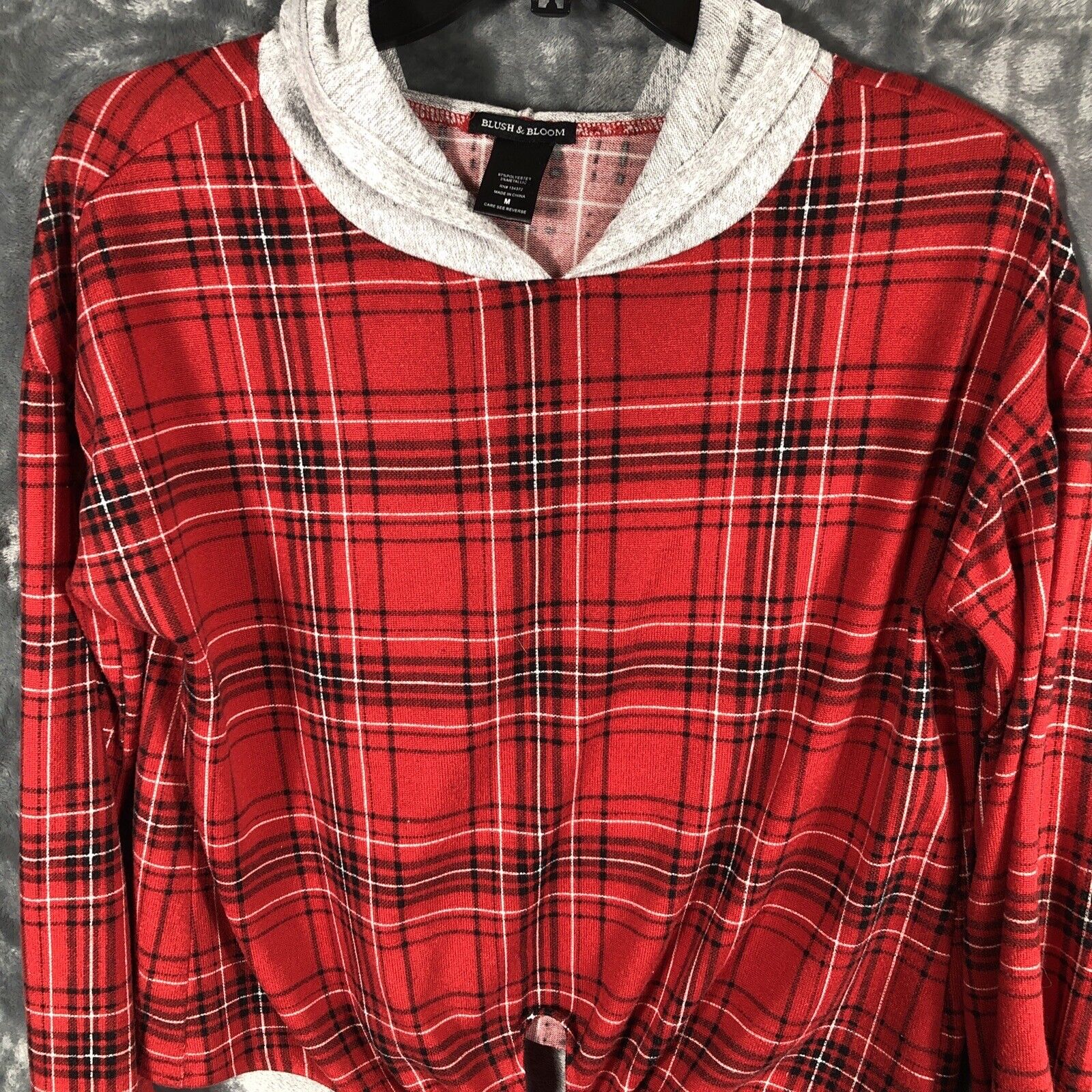 Blush In Bloom Women’s  Hoodie Red Plaid Front Tie Size Medium
