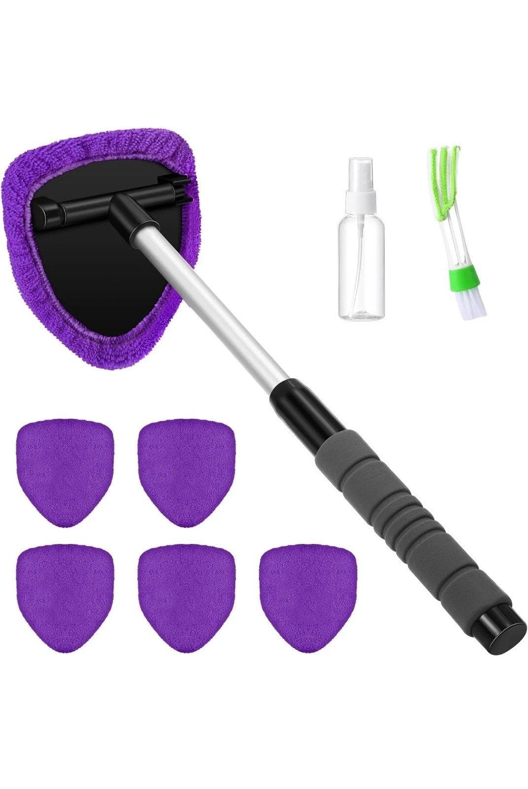 Windshield Cleaning Tool With Extendable Handle & Reusable Microfiber Pads