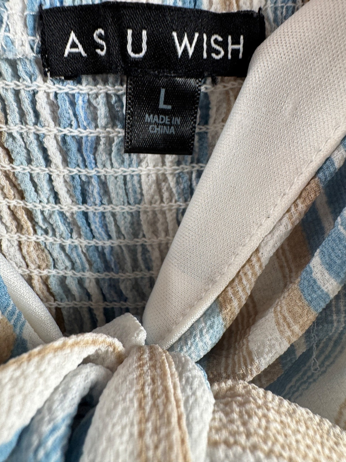 Striped Jumpsuit With Bow Front By As U Wish Size L Blue & Beige Lightweight Wov