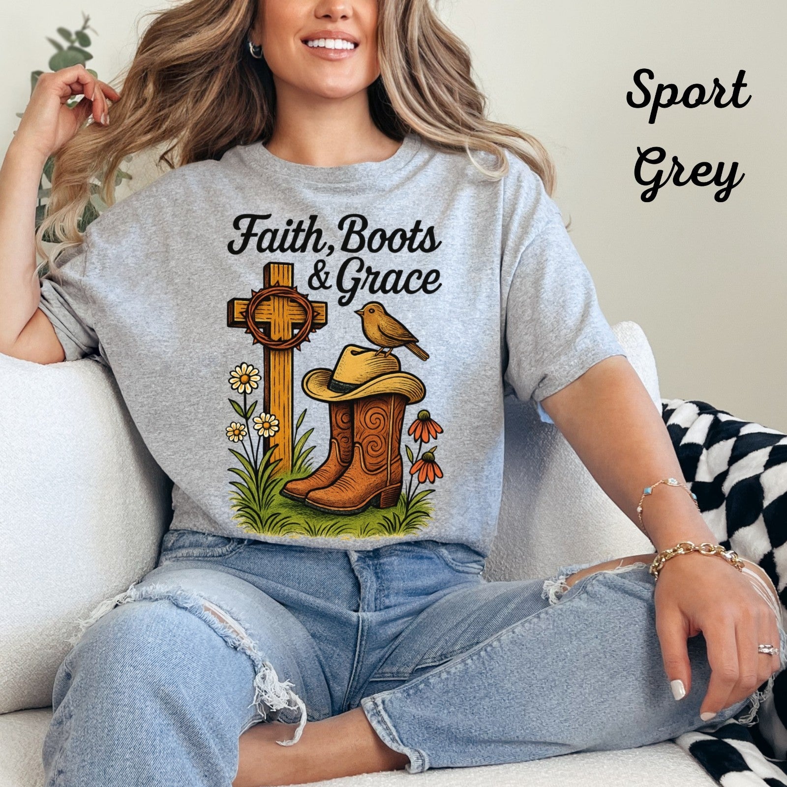 Womans T Shirt Christian Western Faith Boots and Grace Shirt Cowgirl Country Top