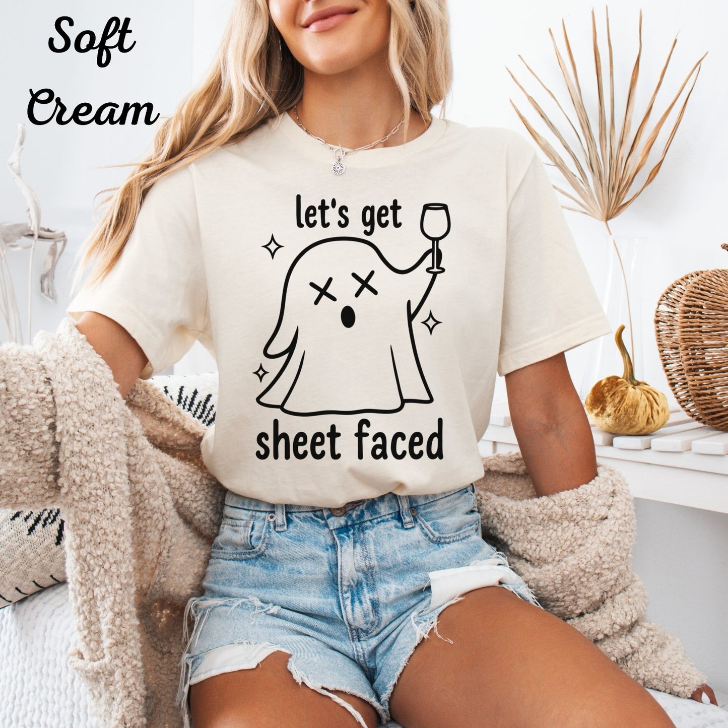 Womans Halloween Shirt Lets Get Sheet Faced Tee  Boo Crew Party Ghost Vibes Top
