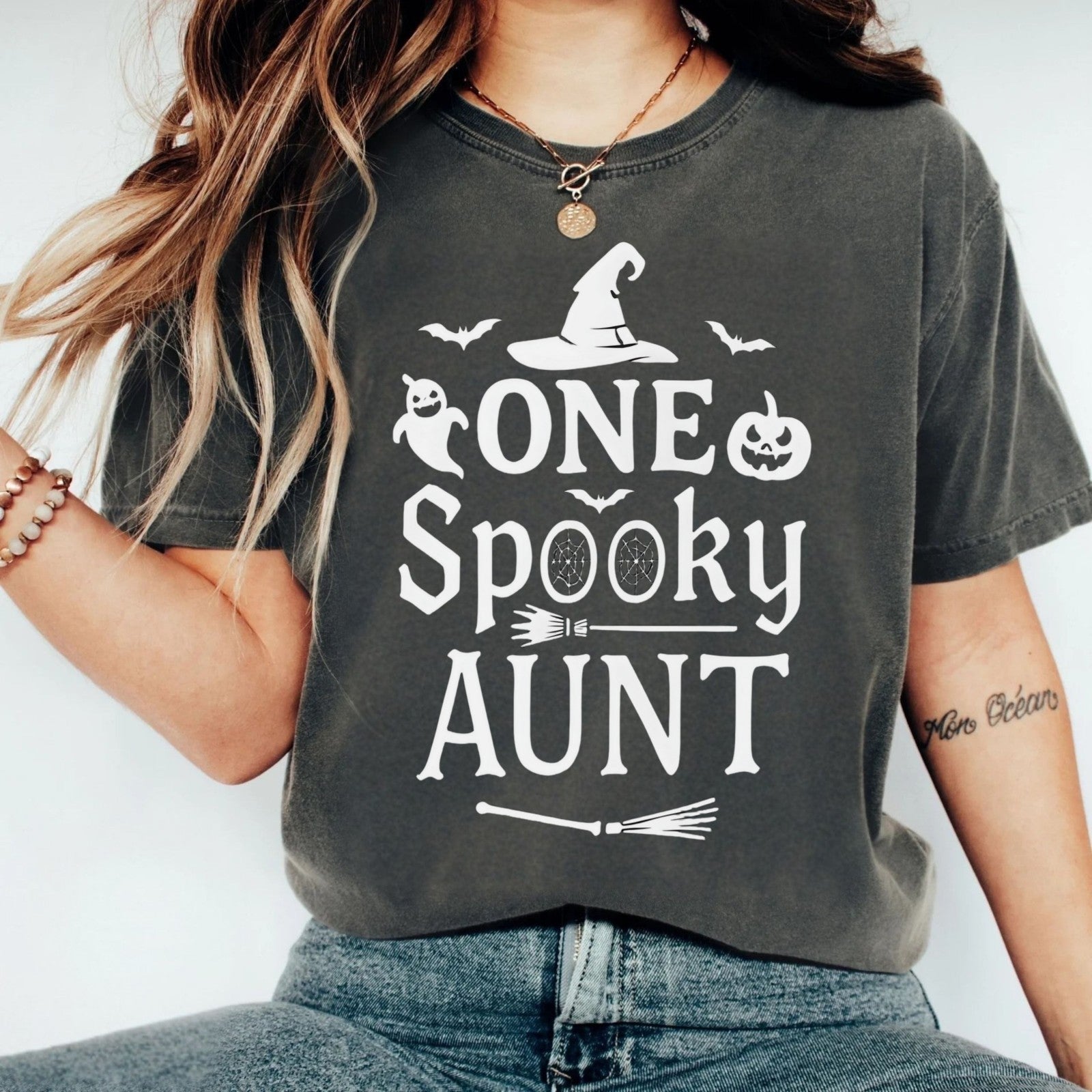 Womans T Shirts One Spooky Aunt Shirt Halloween Top Cute Fall Halloween Gift