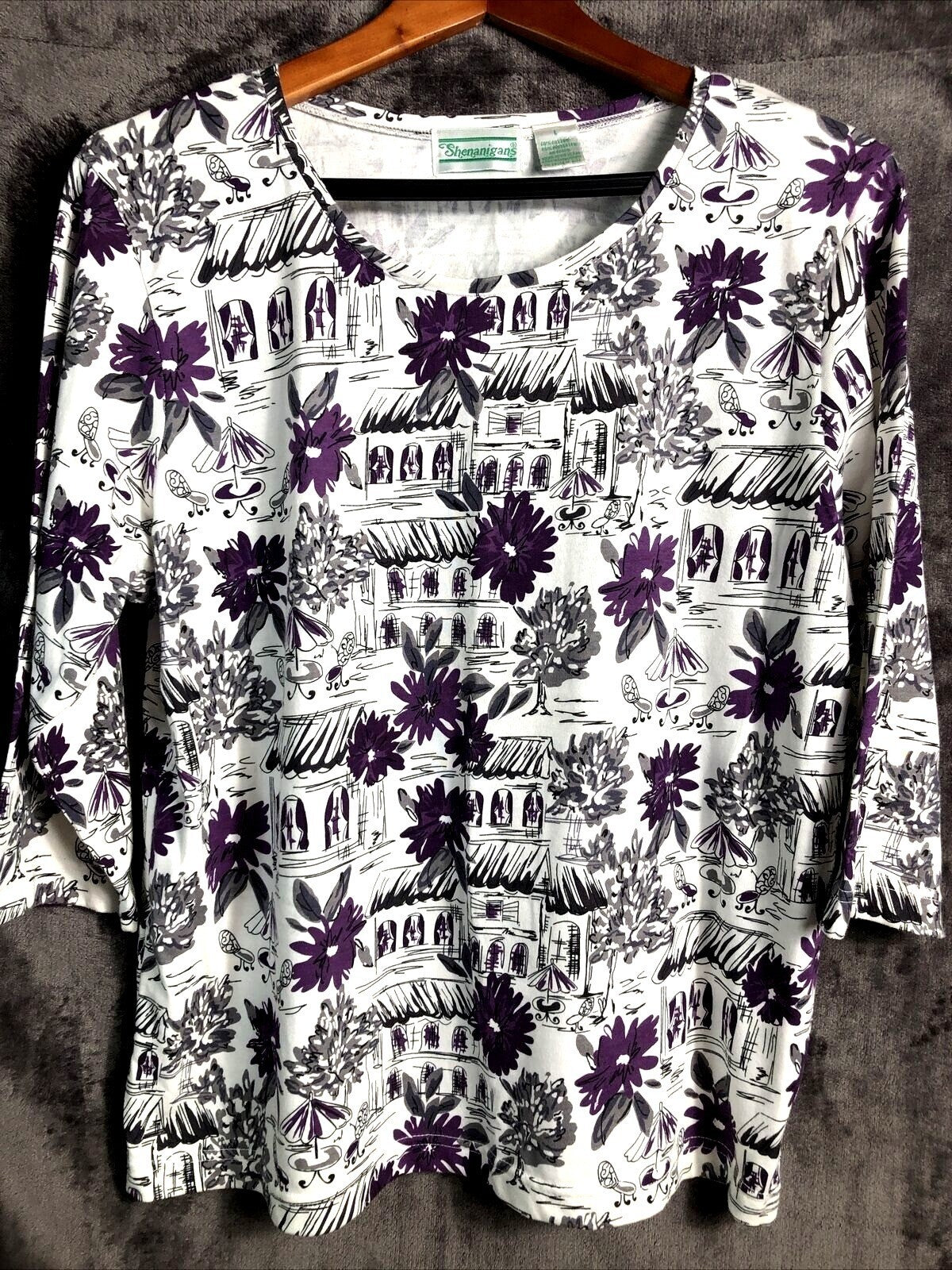 Shenanigans Womens Blouse Floral Village Print Shirt 3/4 Sleeve Top L