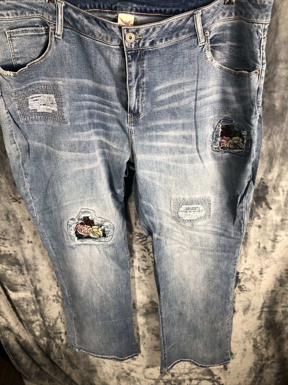 Vintage Distressed Womans Jeans Blue Denim With Floral Patchwork