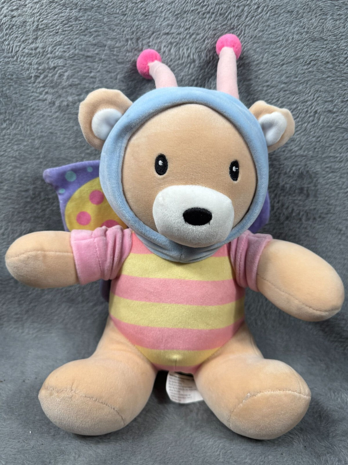 Plush Butterfly Bear With Wings & Antennae Striped Pink & Yellow Outfit Soft & C