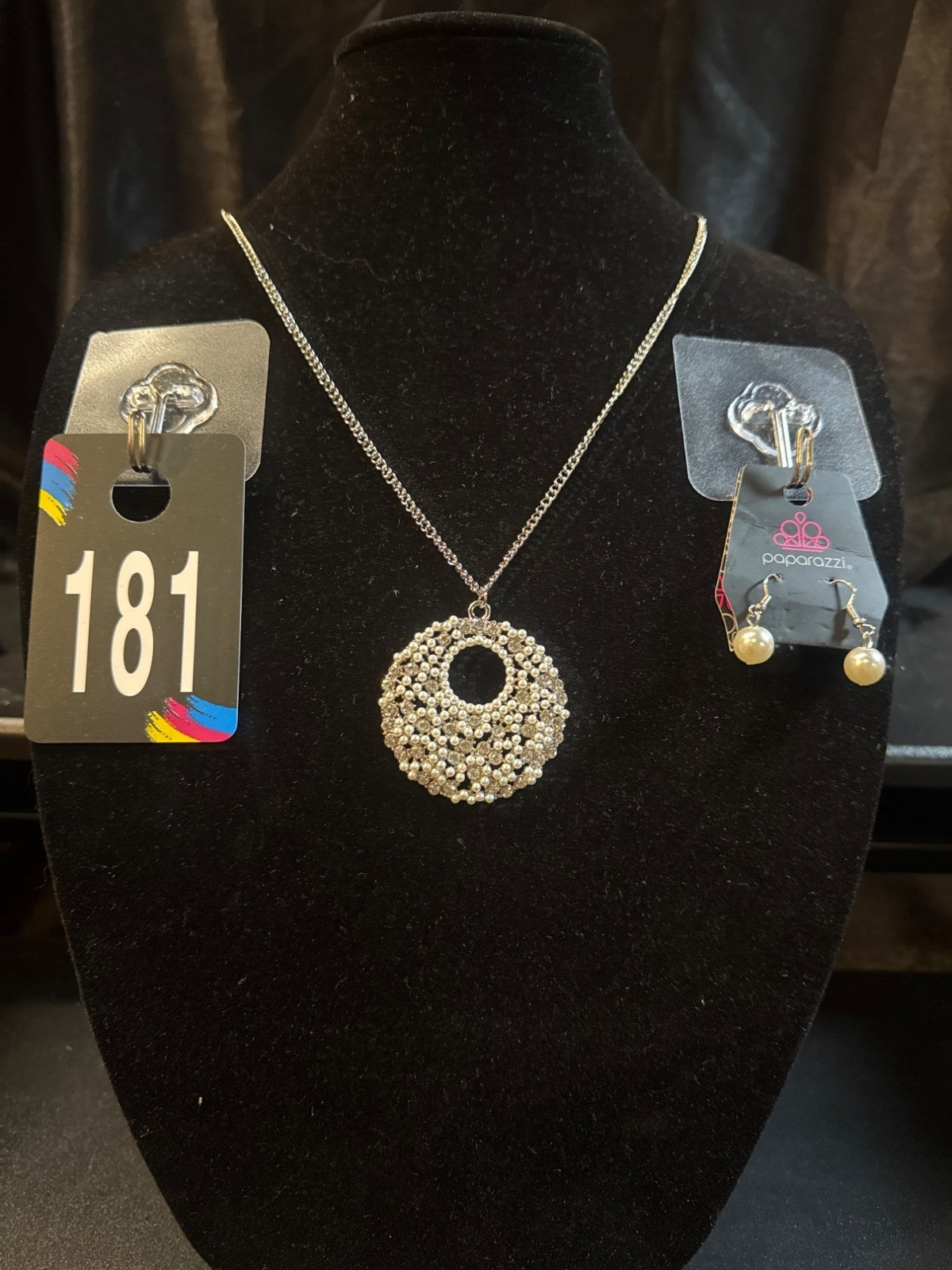 Silver Paparazzi Necklace & Earrings Set With Circular Pendant & Pearl Accents