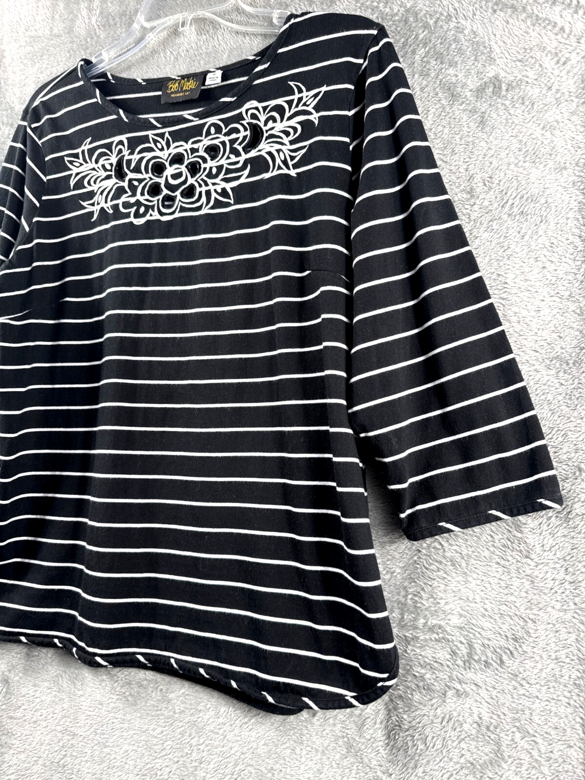 Bob Mackie Wearable Art Black & White Striped 3/4 Sleeve Top With Floral Embroid