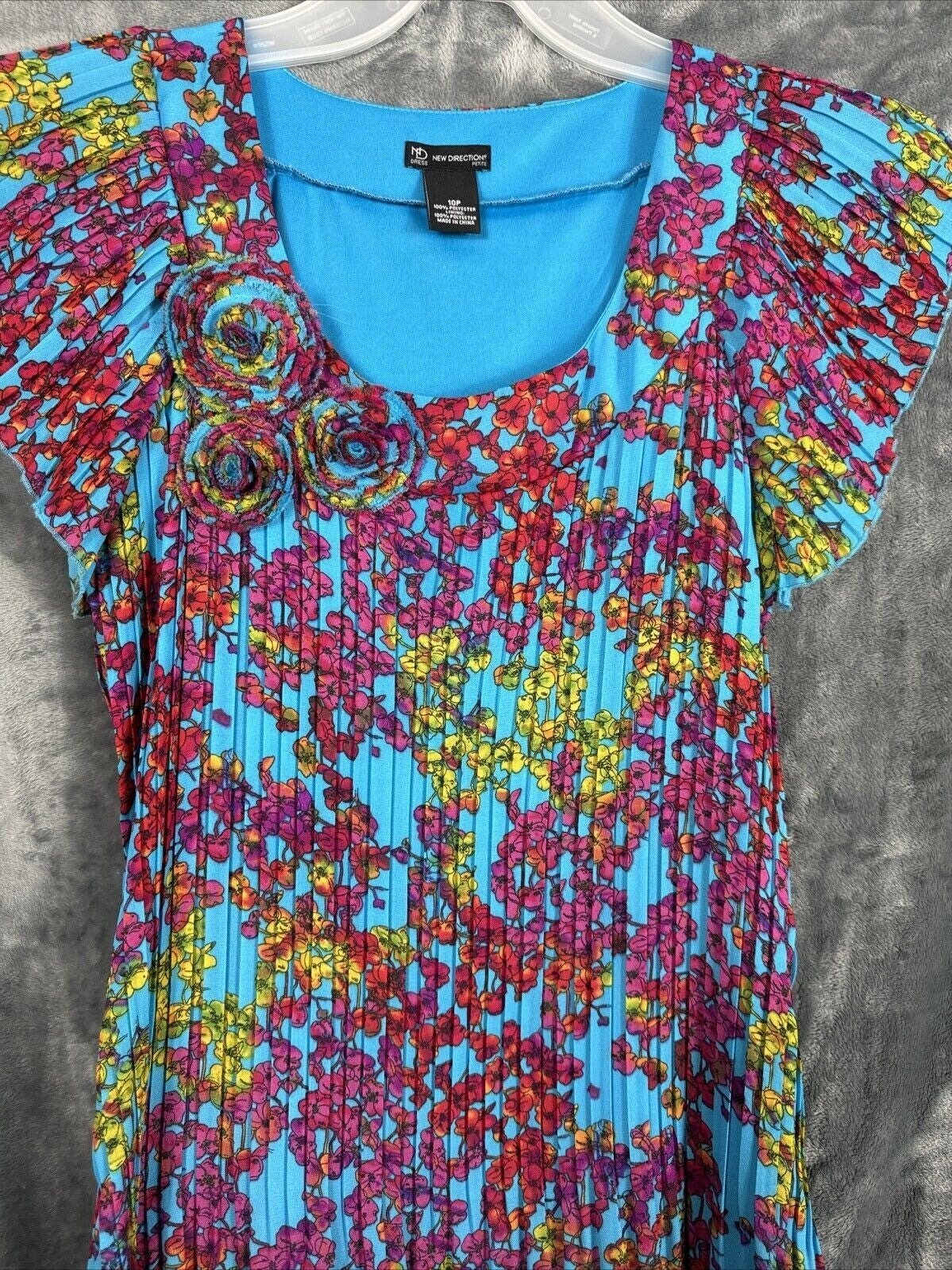 New Directions Dress Womens A Line Turquoise Blue Floral Pleated Short Sleeve