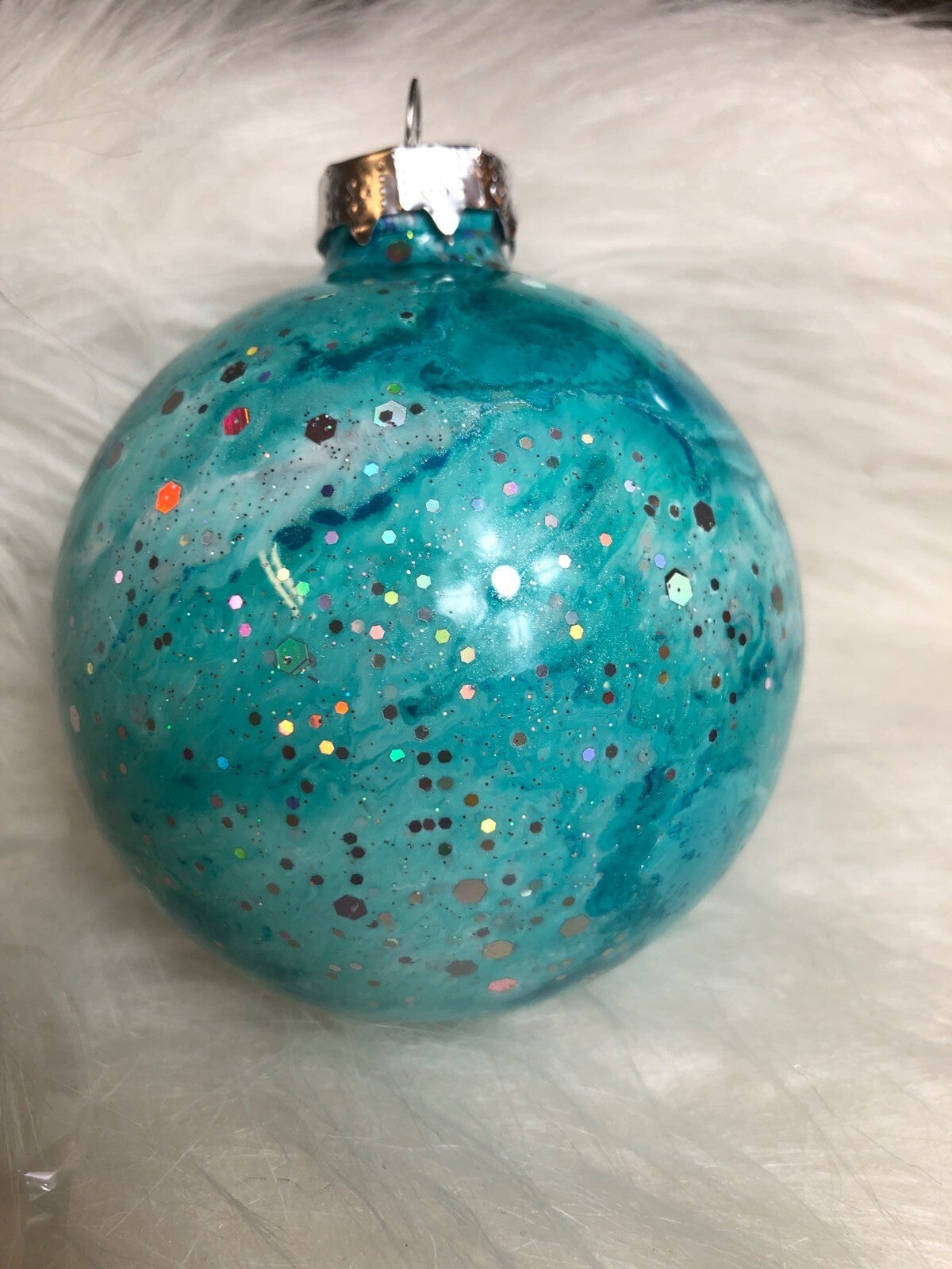 Handmade Glittery Aqua Christmas Ornament With Silver Cap